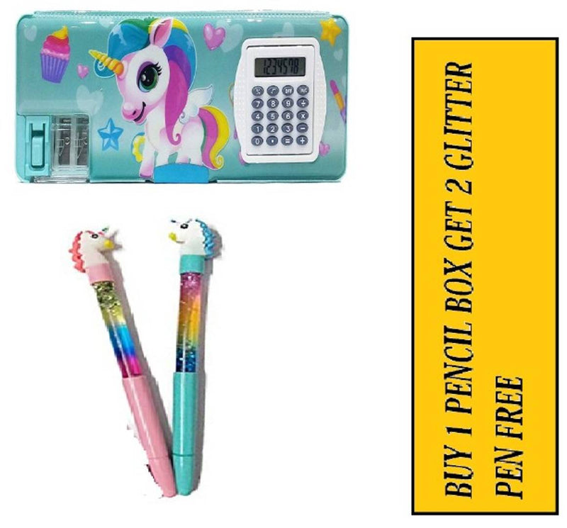 UNICORN Multipurpose Magnetic Pencil Box With Calculator & Dual Sharpener For Girls & Boys & UNICORN GLITTER PEN FREE COMBO (PACK OF 3)