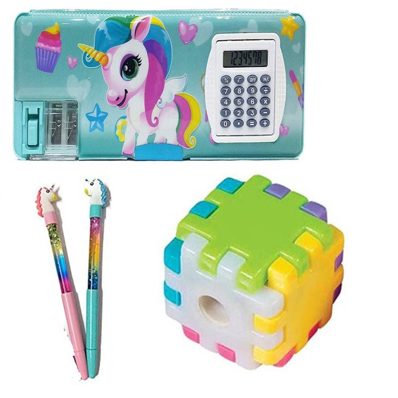 UNICORN Multipurpose Magnetic Pencil Box With Calculator & Dual Sharpener For Girls, New Block Sharpener Sharpeners & Boys & UNICORN GLITTER PEN FREE COMBO (PACK OF 4)