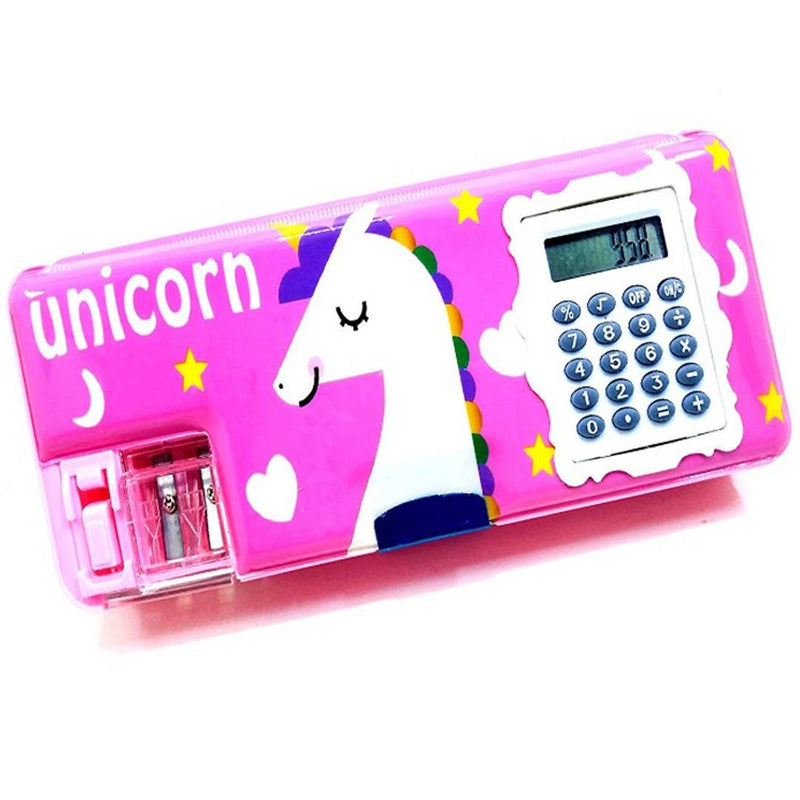 Unicorn Multi-Functional Geometry Box For Calculator/Two Side Open/Double Sharpener Pink & Smiley Erasers /4 PCS Rubber Birthday Return Gifts For Kids UNICORN Magic Wand Gel Pen COMBO (PACK OF 3)