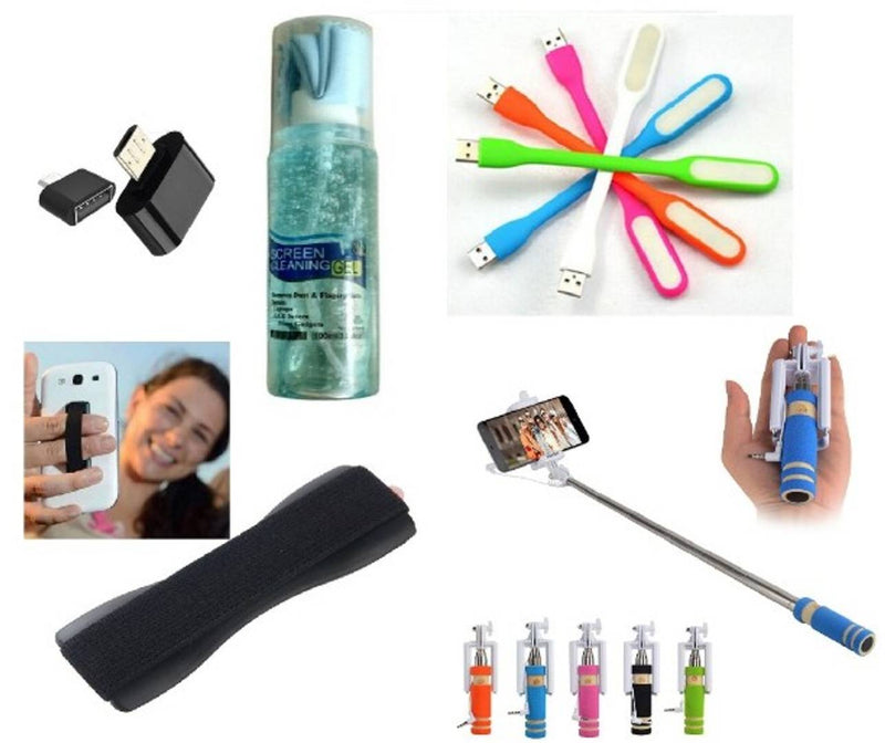 Combo of Selfie Stick, Finger Grip, USB LED Light, OTG Adopter and Cleaning Kit (Assorted Colors)
