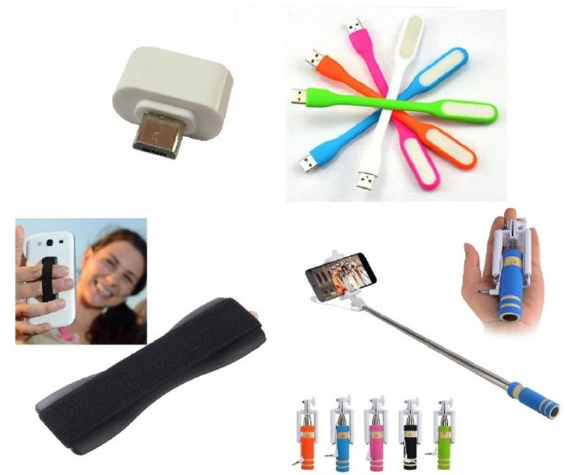 Combo of Selfie Stick, Finger Grip, USB LED Light and OTG Adopter (Assorted Colors)