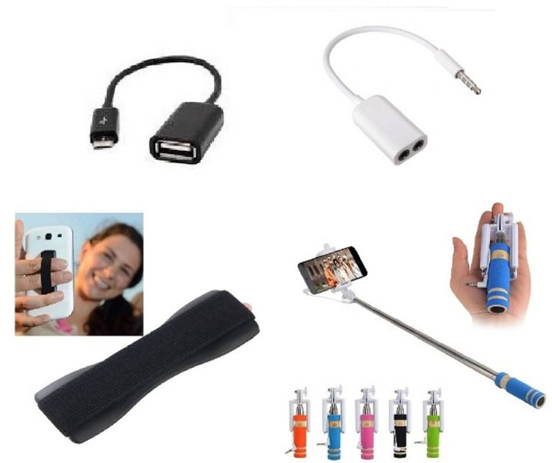 Combo of Selfie Stick, OTG Cable, Splitter Cable and Finger Grip (Assorted Colors)
