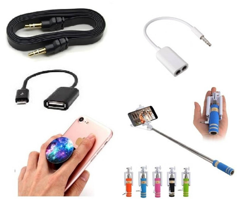 Combo of Selfie Stick, Popup Socket, Aux Cable, Splitter and OTG Cable (Assorted Colors)