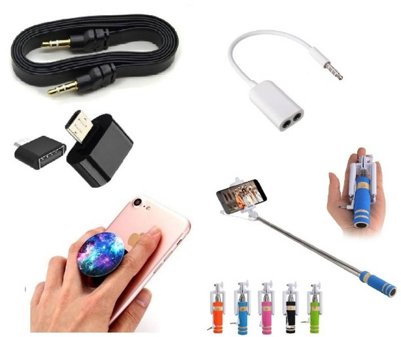 Combo of Selfie Stick, Popup Socket, Aux Cable, Splitter and OTG Adopter (Assorted Colors)