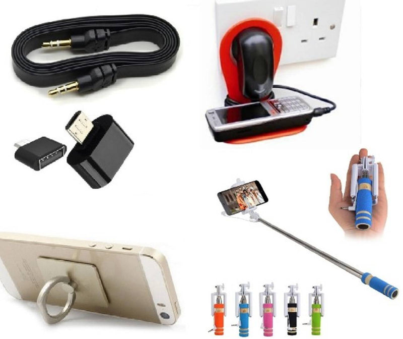 Combo of Selfie Stick, Ring holder, Charging Stand, Aux Cable and OTG Adopter (Assorted Colors)