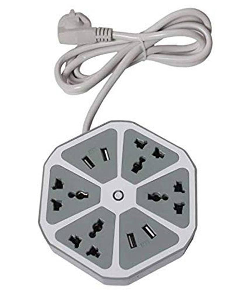Hexagon Socket 6 Socket Extension Boards(GREY) Surge Protector with 4 USB 2.0 Amp Charging Points for Office Home and Restaurants