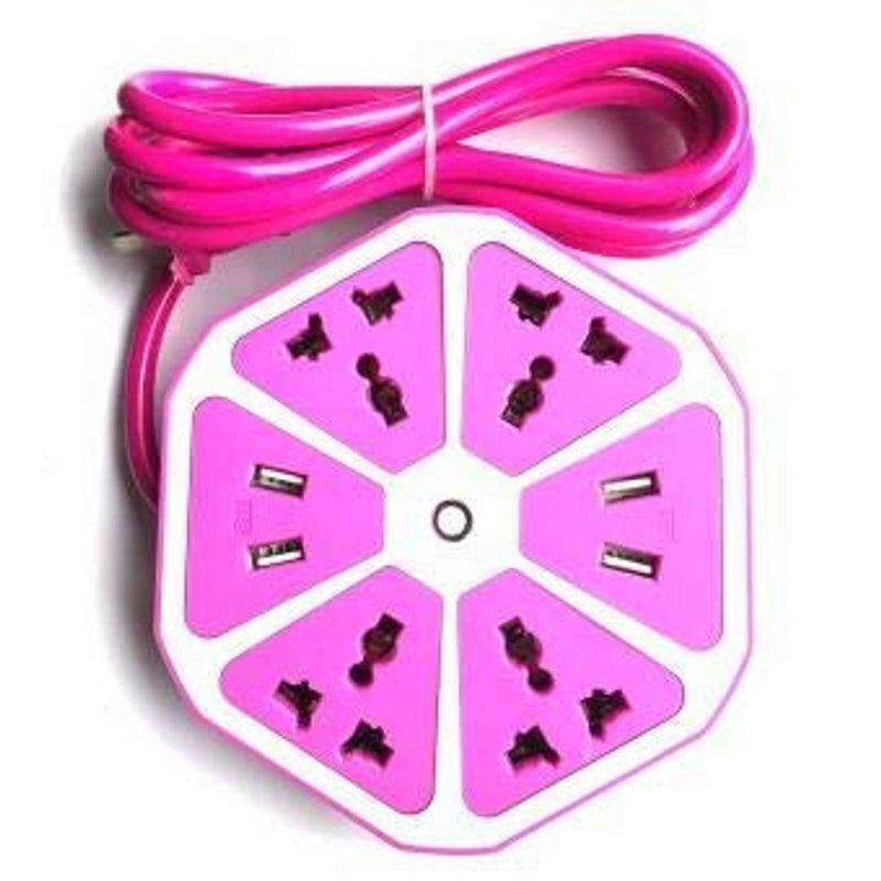 Hexagon Socket Shaped Extension Board with 4 USB Ports, 6 Power Socket & 2 m Long Wire for Home & Office (PINK)