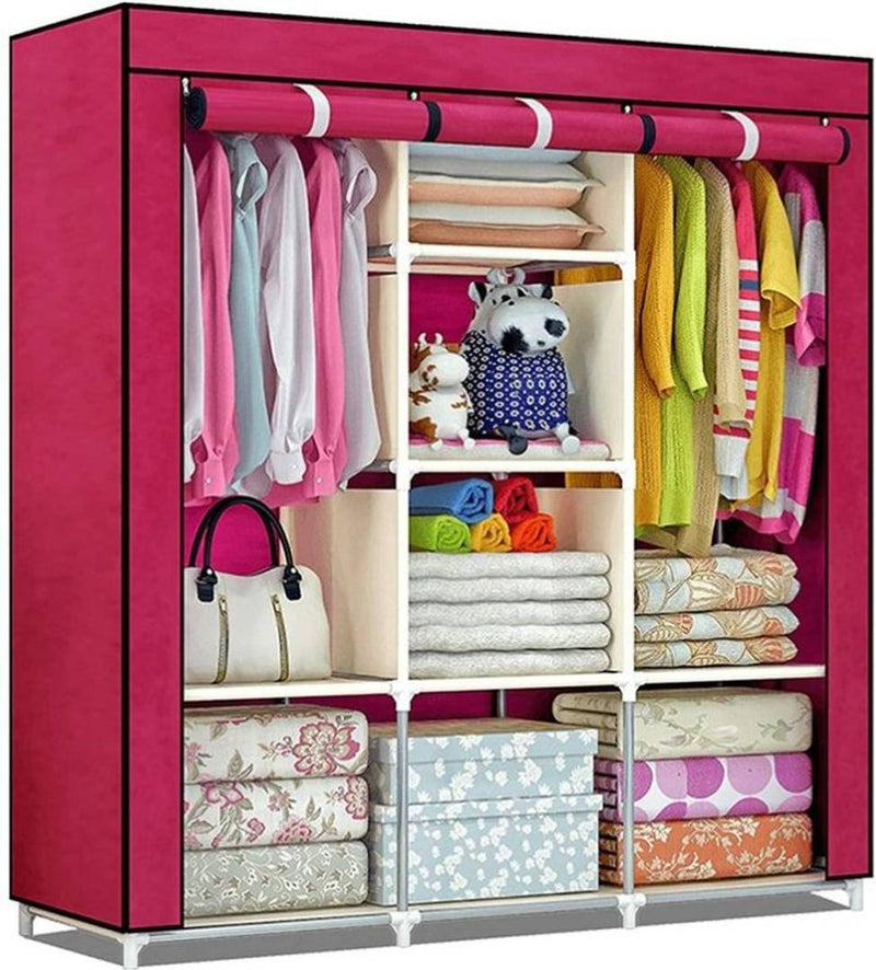 Fancy Portable Fabric Collapsible Foldable Clothes Closet Wardrobe Storage Rack Organizer Cabinet Cupboard Almirah Red Wine - 88130A-MR