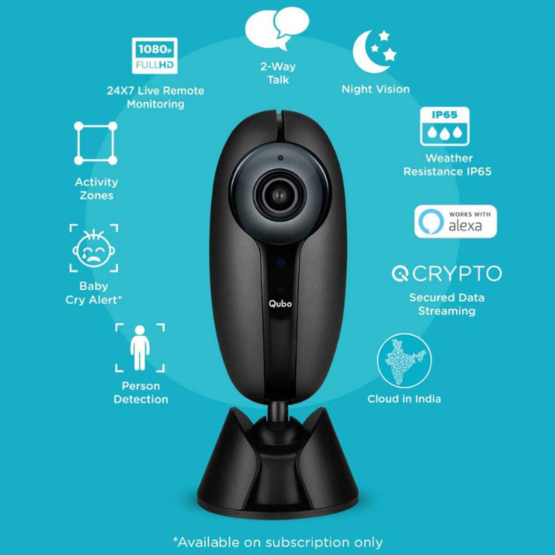 Qubo Smart Home Security Camera - Wireless/WiFi Security Camera| 1080p FHD Resolution| Person Detection| Baby Cry Monitor| Weather Resistant - Outdoor Usage| Alexa Enabled| Night Vision|2 Way Talk