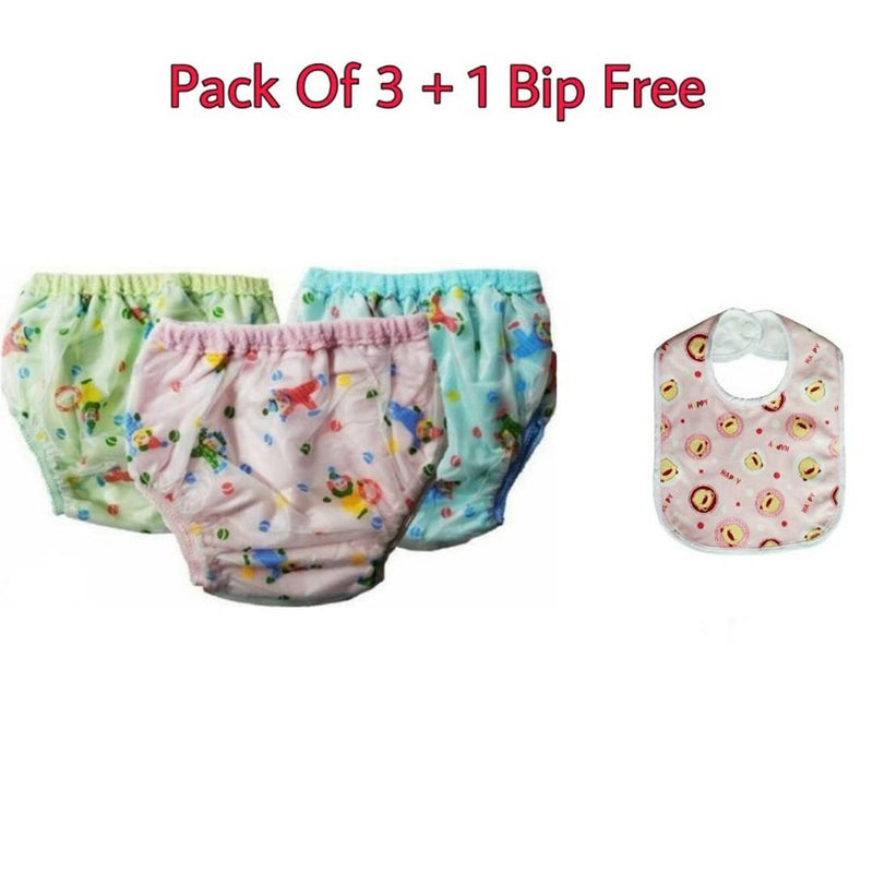 Mimmee Kids Plastic soft Fabric Washable Reusable Pants Multicolour (Pack of 3) And 1 Bip Free (Assorted Mix color & Design)