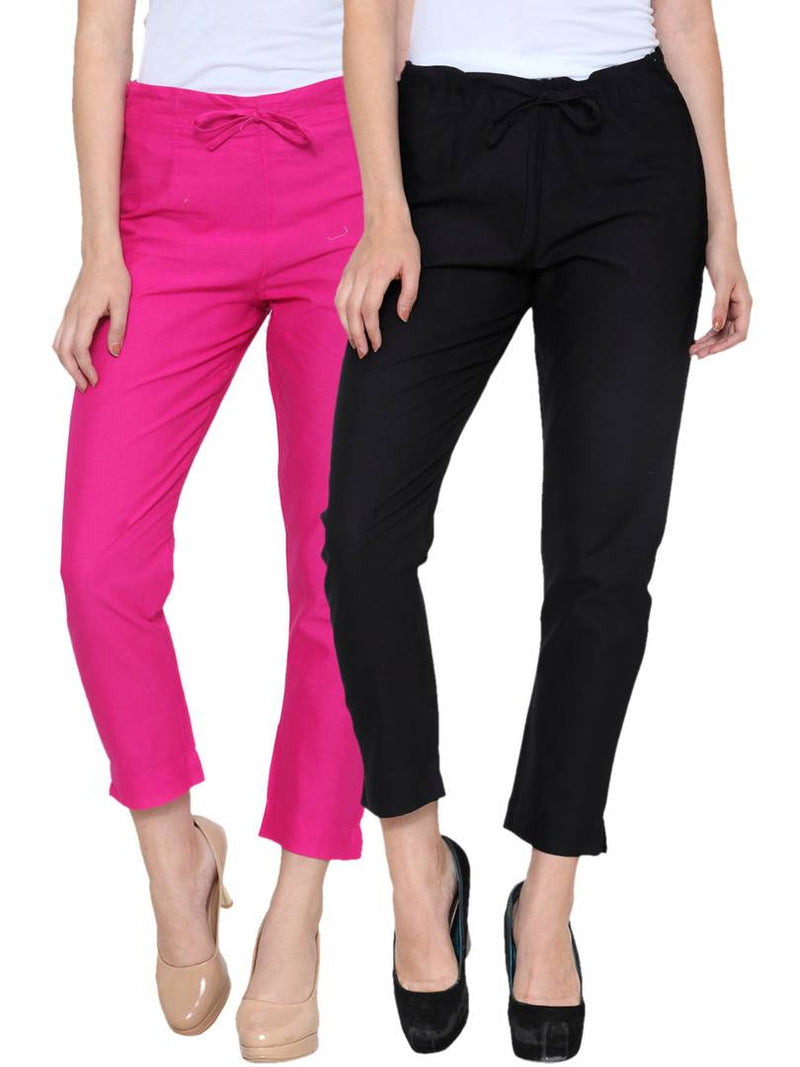 Stylish Black & Fuchsia Cotton Flex Trouser For Women ( Pack Of 2 )