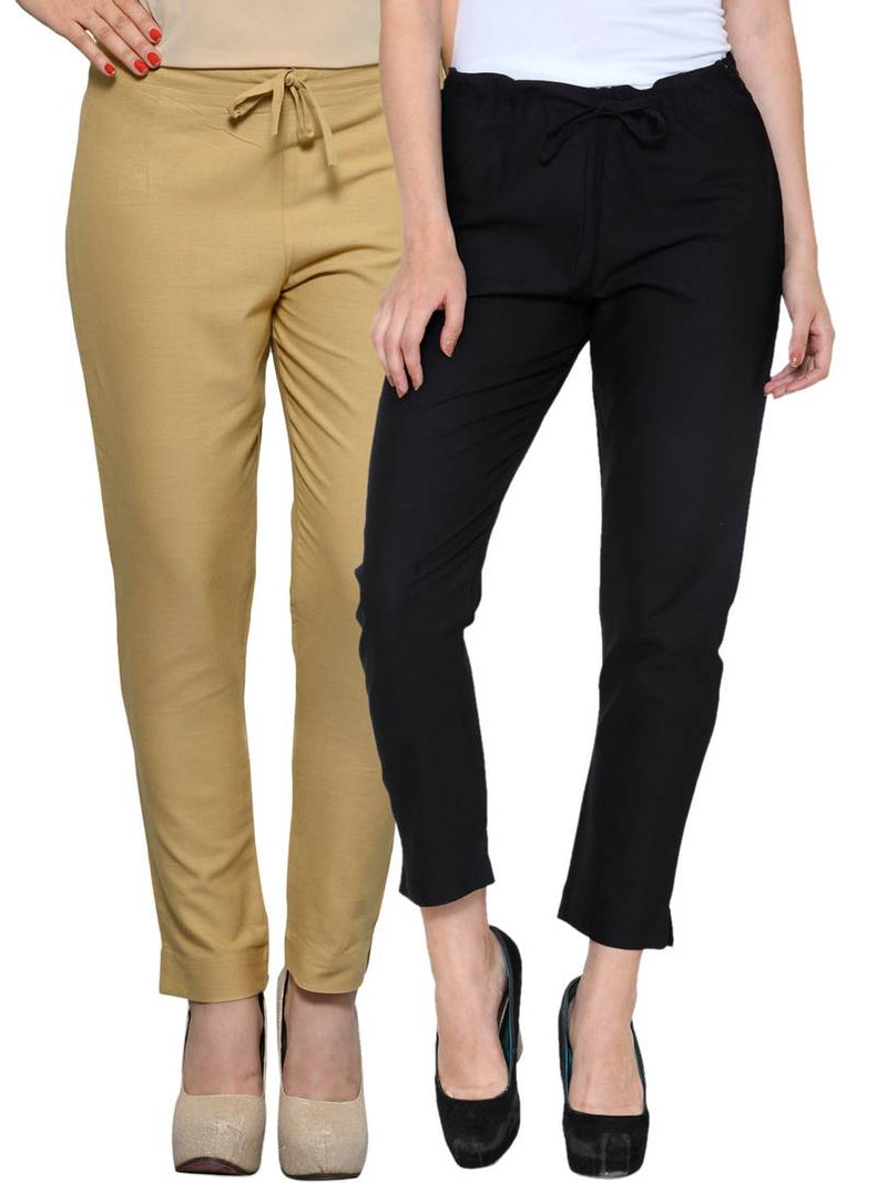 Stylish Black & Khaki Cotton Flex Trouser For Women ( Pack Of 2 )