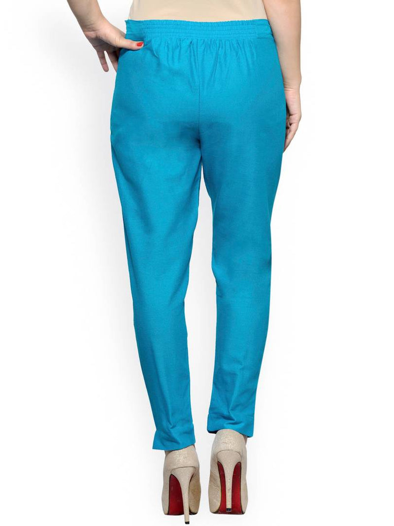Stylish Navy Blue & Turquoise Cotton Flex Trouser For Women ( Pack Of 2 )