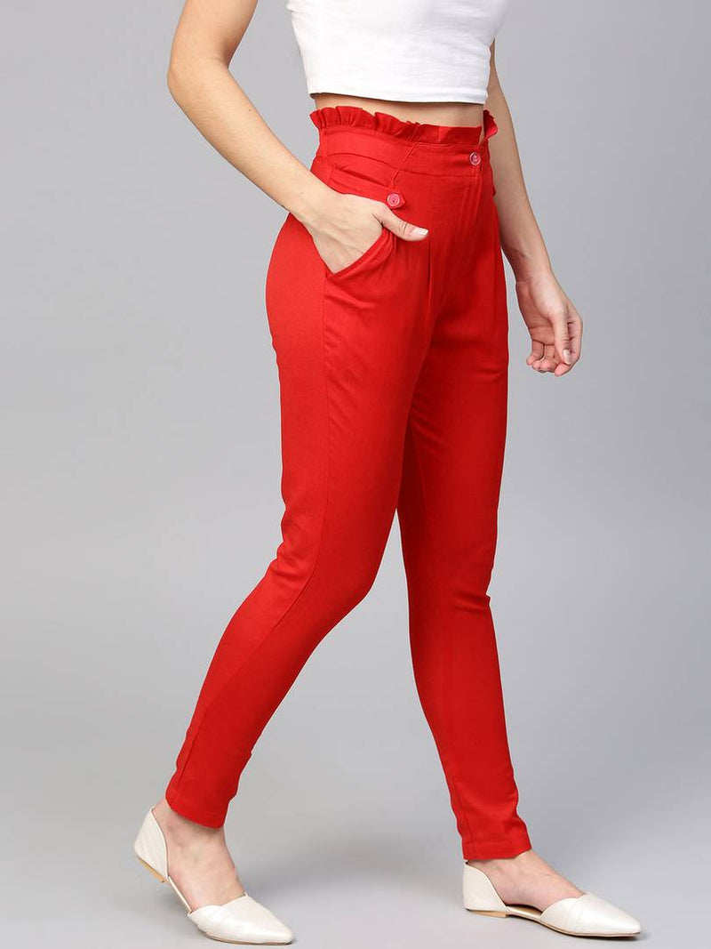 Stylish Red Cotton Blend Three Button Trouser For Women