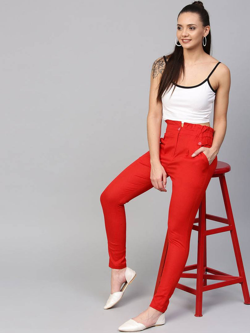 Stylish Red Cotton Blend Three Button Trouser For Women