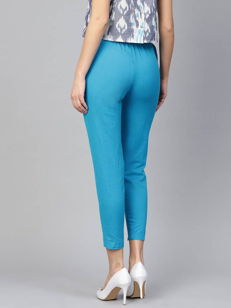 Stylish Turquoise Cotton Blend Solid Side Tie Trouser For Women