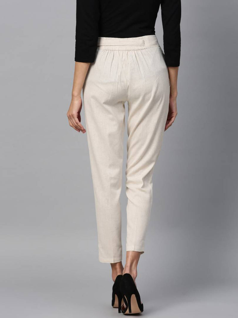 Stylish Off White Cotton Blend Solid Side Tie Trouser For Women