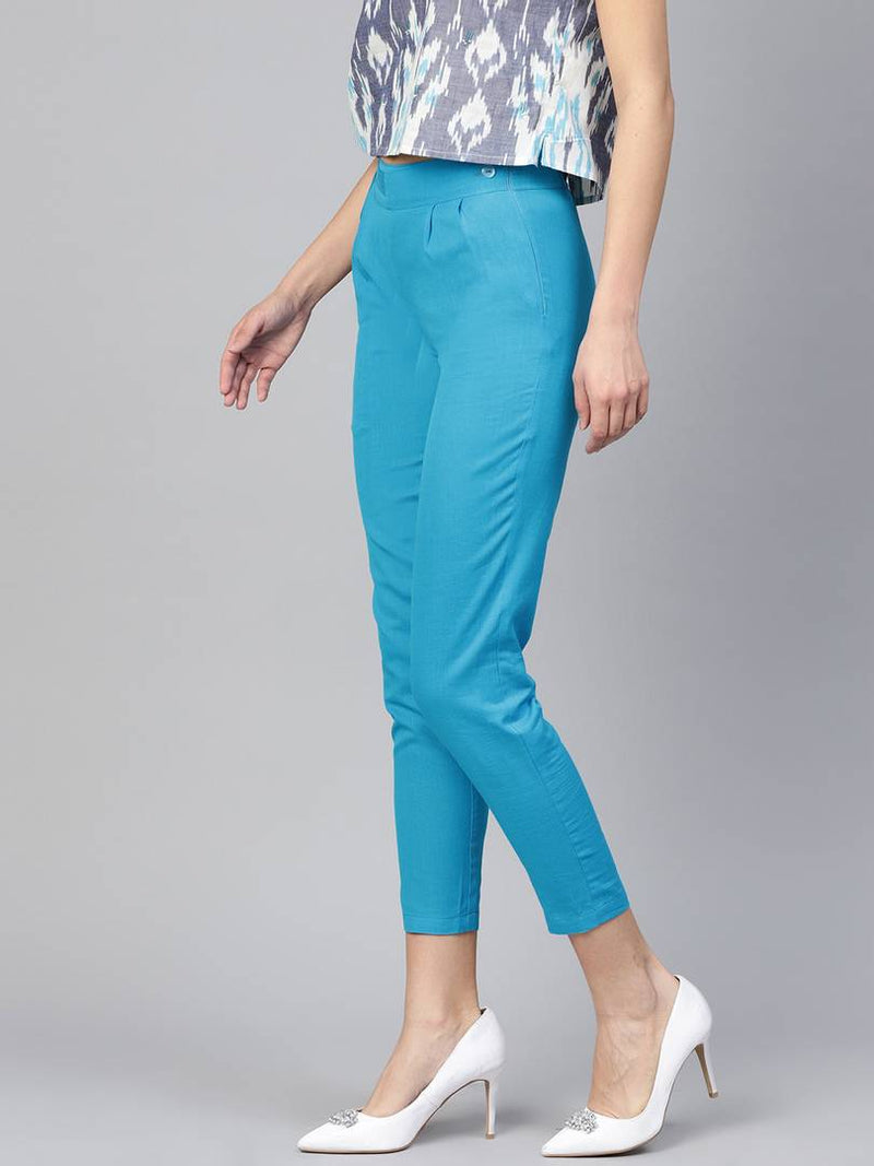 Stylish Turquoise Cotton Blend Solid Side Tie Trouser For Women
