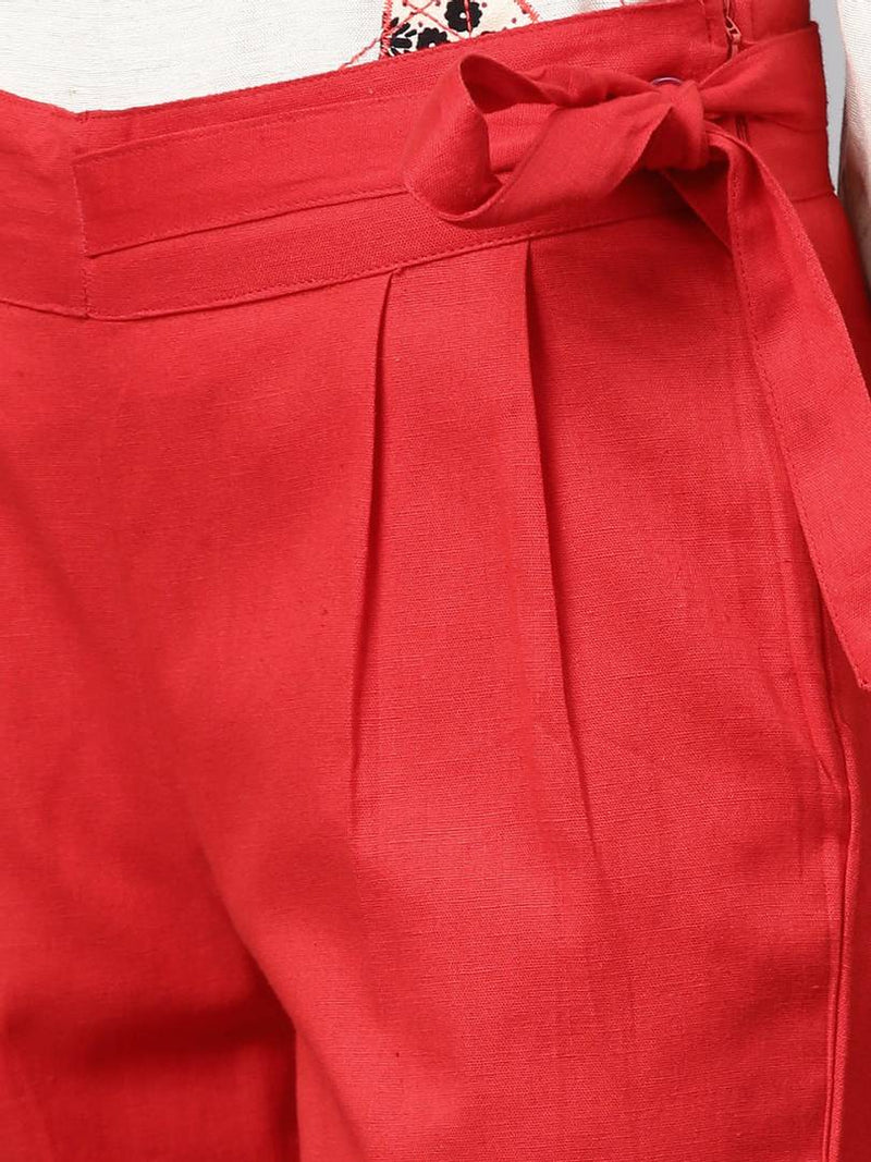 Stylish Red Cotton Blend Solid Side Tie Trouser For Women