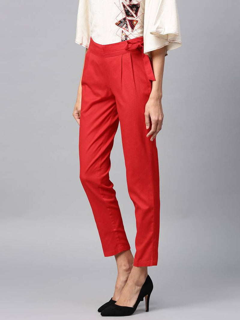 Stylish Red Cotton Blend Solid Side Tie Trouser For Women