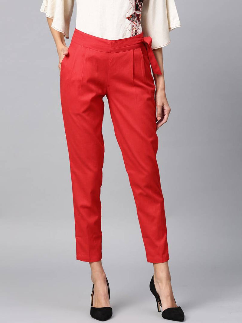 Stylish Red Cotton Blend Solid Side Tie Trouser For Women