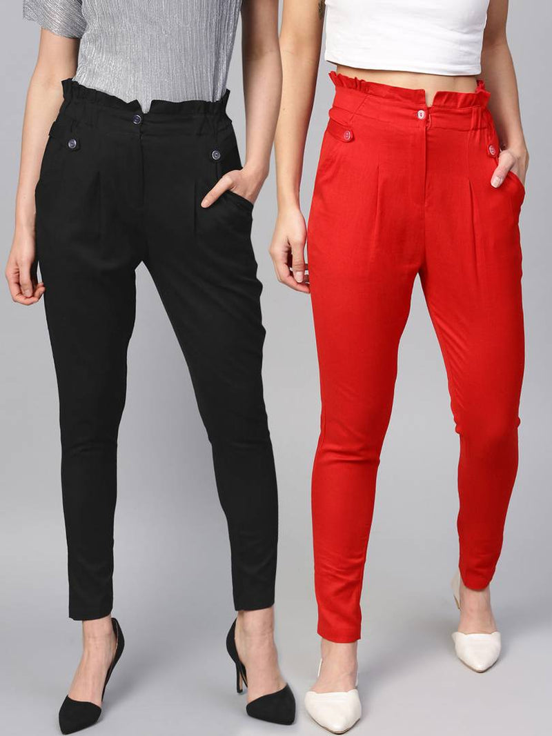 Stylish Multicoloured Cotton Blend Three Button Trouser For Women ( Pack Of 2 )
