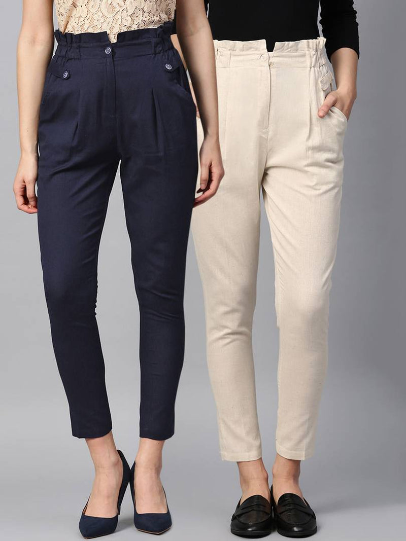 Stylish Multicoloured Cotton Blend Three Button Trouser For Women ( Pack Of 2 )