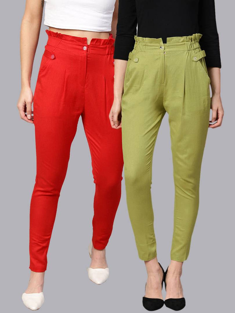 Stylish Multicoloured Cotton Blend Three Button Trouser For Women ( Pack Of 2 )
