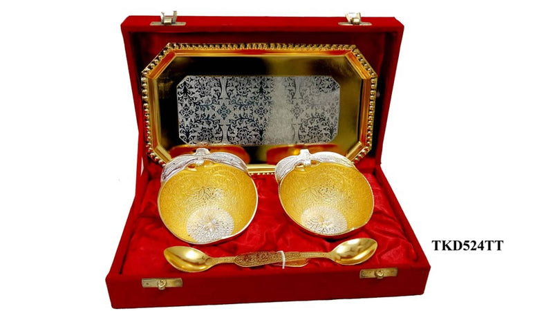 Premium Brass 2 Bowl With 2 Spoon And 1 Tray Set