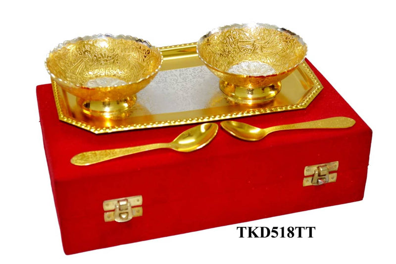 Premium Brass 2 Bowl With 2 Spoon And 1 Tray Set