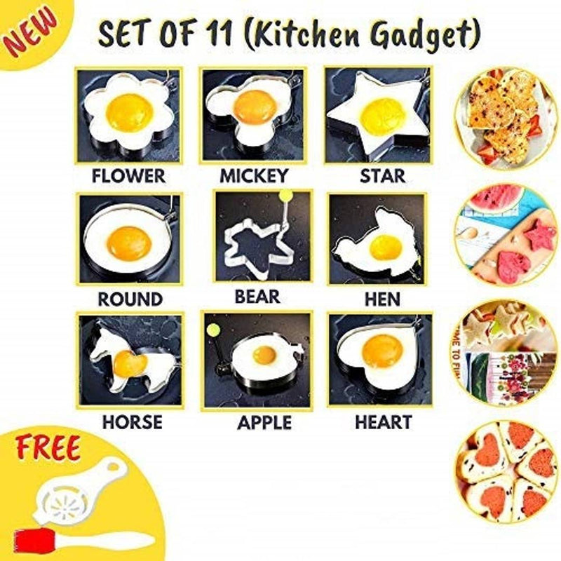 11Pcs Stainless Steel Fried Egg Mold Rings, Poached Nonstick Omelette Stencil, Fruit Vegetable Shaper, Cookie Cutter, DIY Kitchen Cooking Tools for Breakfast Sandwich Burger Pancake Muffins