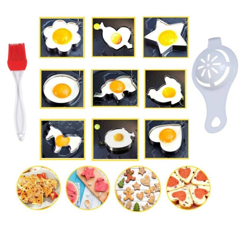 9Pcs Stainless Steel Fried Egg Mold Rings, Poached Nonstick Omelette Stencil, Fruit Vegetable Shaper, Cookie Cutter, DIY Kitchen Cooking Tools for Breakfast Sandwich Burger Pancake Muffins (With 2 Pcs