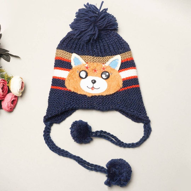 Cute 3d Cat Applique Striped Woolen Cap With Pom Pom and Drawstring For Kids - Navy Blue