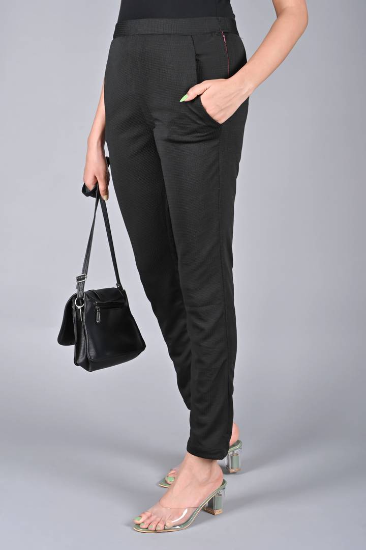 Elite Black Synthetic Solid Regular Fit Casual Trousers For Women
