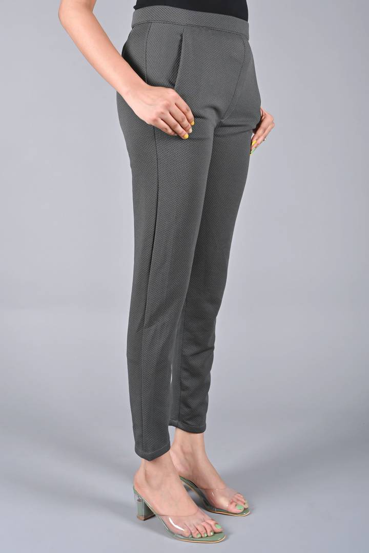 Elite Grey Synthetic Solid Regular Fit Casual Trousers For Women