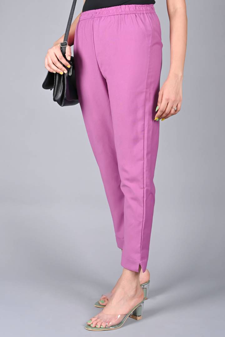 Elite Pink Cotton Solid Regular Fit Casual Trousers For Women