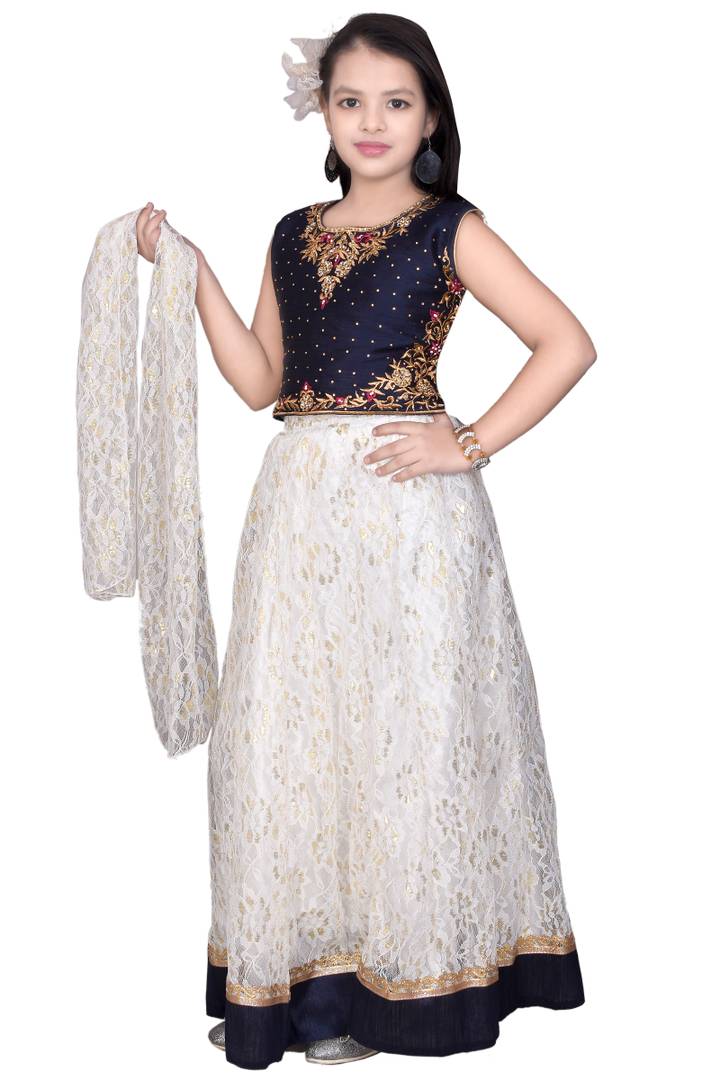 Girls Lehenga Choli Set (Navy Blue and White)