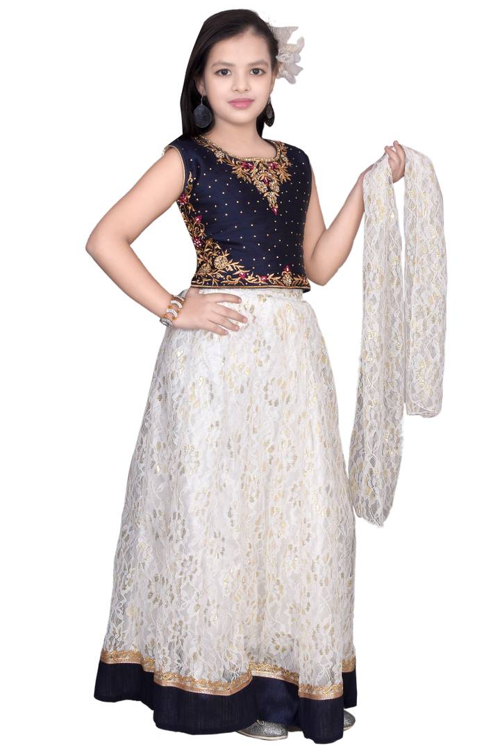 Girls Lehenga Choli Set (Navy Blue and White)