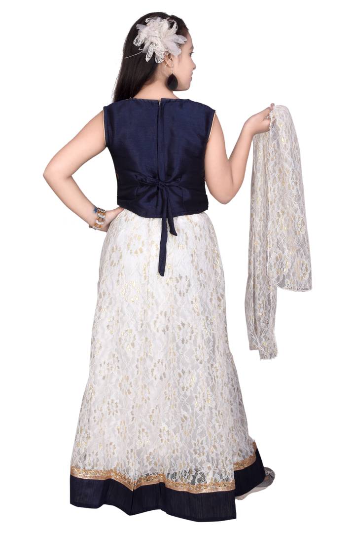 Girls Lehenga Choli Set (Navy Blue and White)
