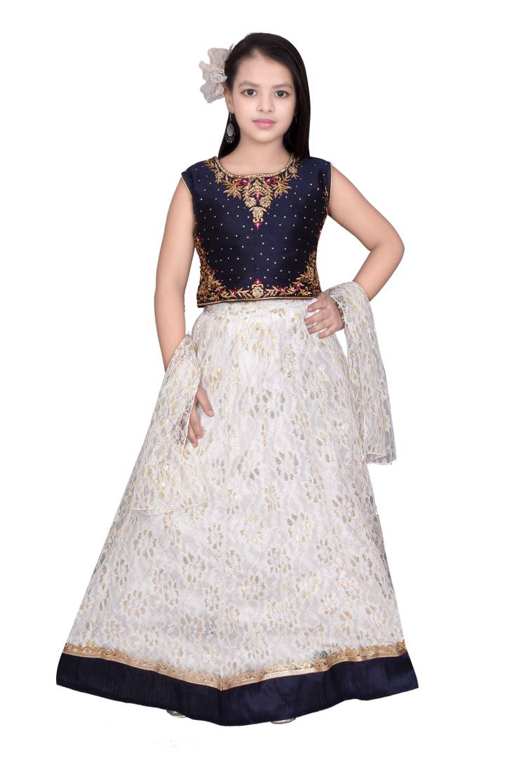 Girls Lehenga Choli Set (Navy Blue and White)