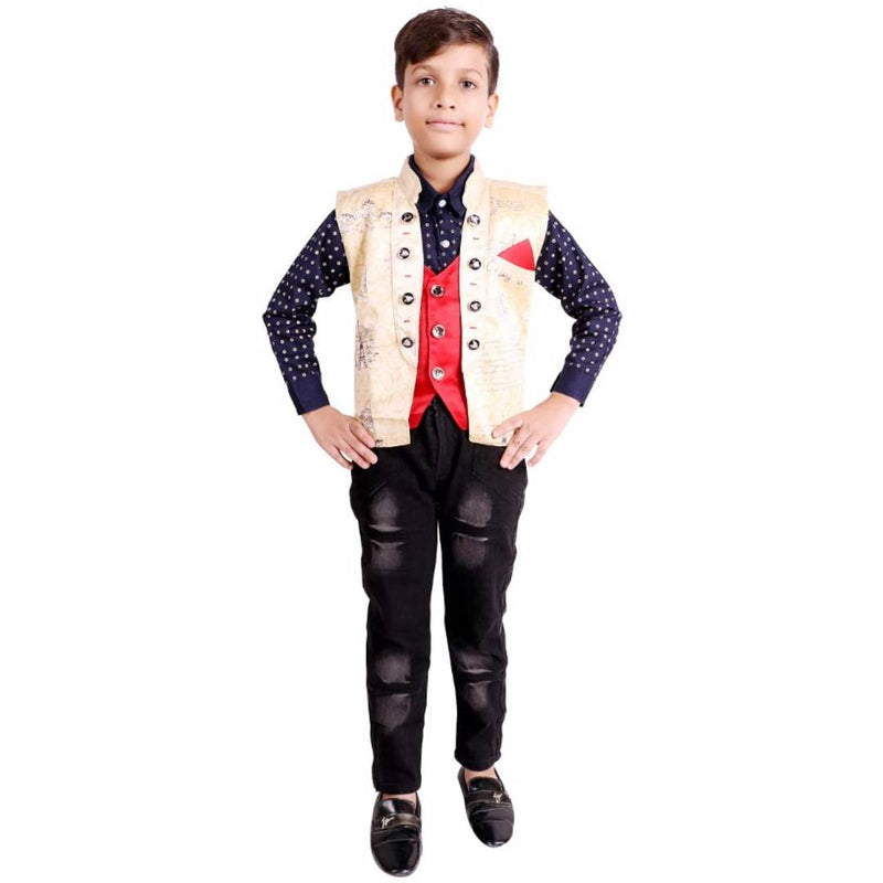Elegant Navy Blue Cotton Printed Shits Jeans Set with Waist Coat And Tie For Boys