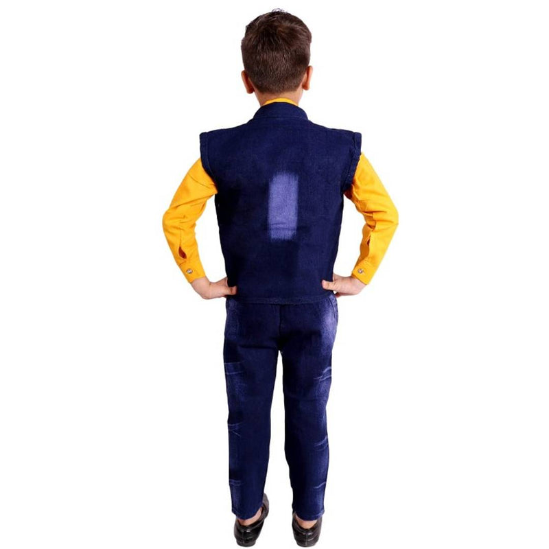 Elegant Yellow Cotton Solid Shits Jeans Set with Waist Coat And Tie For Boys