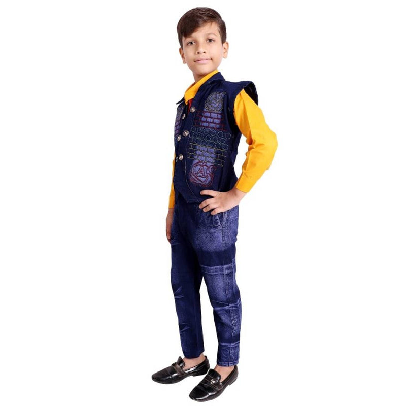 Elegant Yellow Cotton Solid Shits Jeans Set with Waist Coat And Tie For Boys