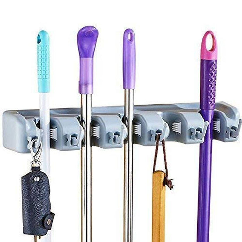 Mob Holder 2 In1, Wall Mounted Magic Mop Holder and Broom Holder Sticks Hanger Stand Organizer Mop Holder- 2 in 1, 5 Slots and 6 Hooks (Grey) Pack of 1