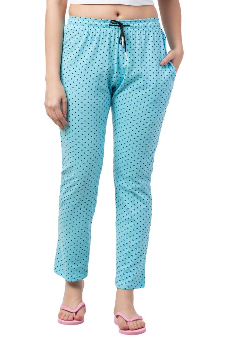 Elite Turquoise Cotton Printed High Rise Trousers For Women
