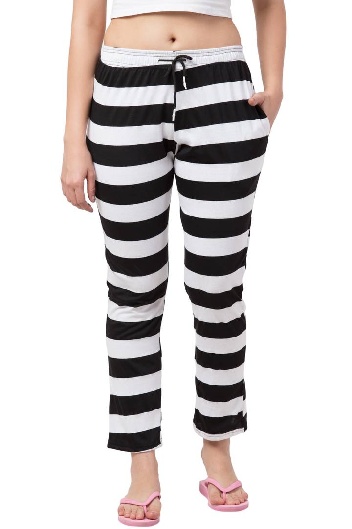 Elite White Cotton Striped High Rise Trousers For Women