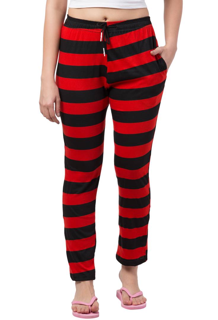 Elite Red Cotton Striped High Rise Trousers For Women