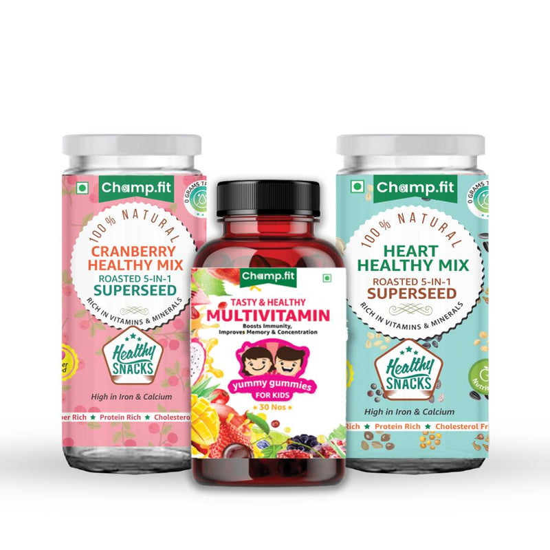 Champ.fit -Kids Multivitamin Gummies,Champ.fit Roasted 5 in 1 Seed mix,Champ.fit Roasted Seed Mix with cranberry (Combo Pack)
