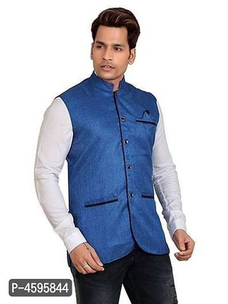 Stylish Jute Cotton Nehru Jacket/Waistcoat For Men- Blue