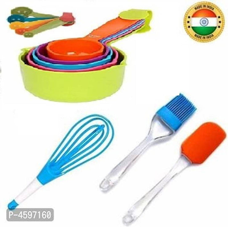 Combo of 8Pcs Black Measuring Cups and Spoons Set, Foldable Plastic Whisk Beater & Silicone Non-Sticky Spatula and Oil Brush Set 8Pc Measuring Cups/Plastic Whisk/Spatula/Oil Brush Multicolor Kitchen T